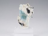 a white and blue piece of rock with black and white crystals