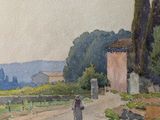 painting of a woman walking down a dirt road in a rural area