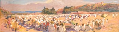 an oil painting of a large group of people walking in a field