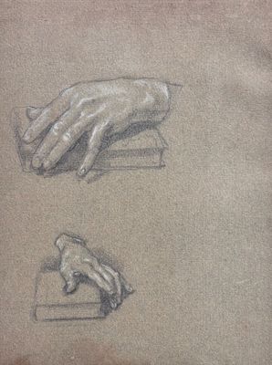 dessin au crayon représentant la main d'une personne posée sur un livre et une autre main posée sur un livre