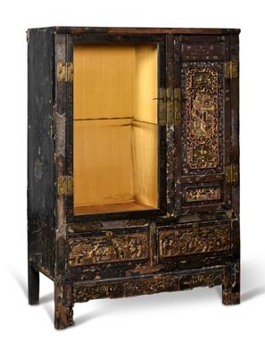 an old cabinet with a glass door and a shelf