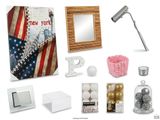 many items that include a lamp, a mirror, a picture frame, a picture frame, a picture frame, a picture frame, and other items