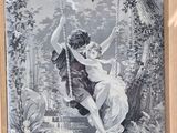 painting of a woman swinging a child on a swing in a wooded area