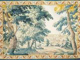 peinture représentant un paysage avec des arbres et un château au loin