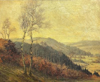 une image représentant un tableau représentant un paysage avec des arbres sur une colline