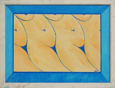 une image représentant un tableau représentant un groupe de nus, dans un cadre bleu