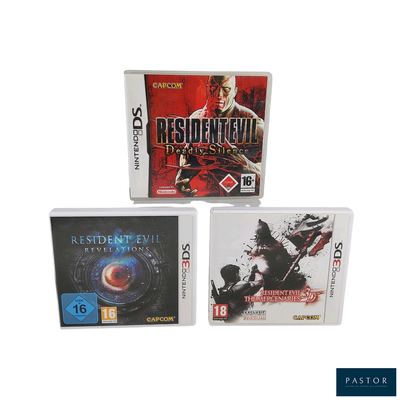 Trois jeux vidéo sont présentés sur un fond blanc : Resident Evil, Resident Evil et Resident Evil.