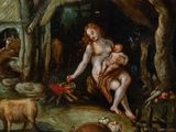 painting of a woman holding a child in a wooded area with animals