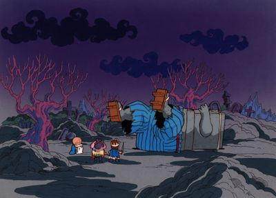 cartoon scene of a group of people in a desert area with rocks and trees