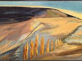 une peinture à l'huile représentant un paysage avec des collines et des arbres au premier plan