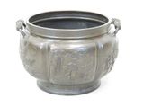 a silver pot with a handle on a white background