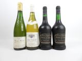 quatre bouteilles de vin sont alignées sur une surface blanche