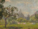 painting of a landscape with trees and a river in the foreground and a mountain in the background