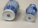 pair of blue and white vases with designs on them on a table