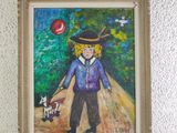 a painting of a boy with a hat and a dog