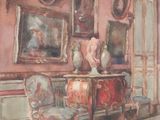 un tableau représentant une pièce avec des tableaux accrochés aux murs