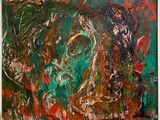 peinture abstraite représentant une femme en robe verte, dans des tons rouges et verts