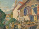 an oil painting of a house on a hill with a river in the background