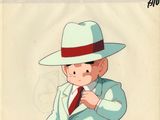 une image représentant un dessin d'un homme portant un chapeau et un costume