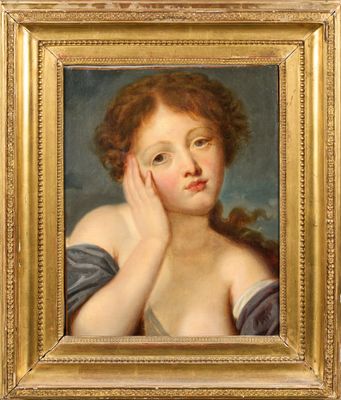 a painting of a young girl holding her hand to her face