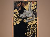 un tableau posé sur un chevalet, représentant un oiseau