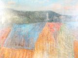 pastel painting of a farm with a blue roof and a red barn in the distance