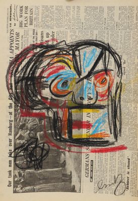 an image of a drawing of a man with a face on a newspaper