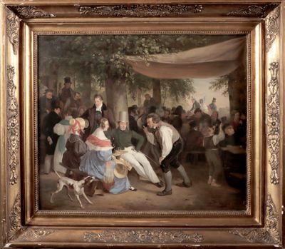 a painting of a group of people in a park