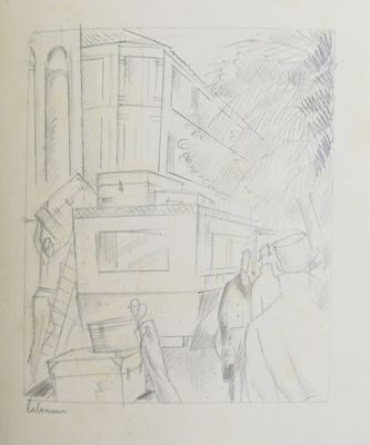 dessin au crayon représentant un homme et une femme debout devant un train