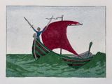 a drawing of a man on a boat with a red sail
