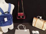 a mannequin with a purse, purse, and other items on display