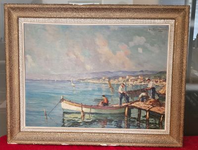 une image d'un tableau représentant un bateau dans l'eau