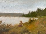 a painting of a lake with a boat in the water