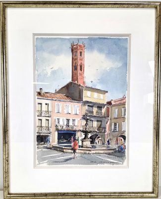 framed watercolor painting of a street scene with a clock tower