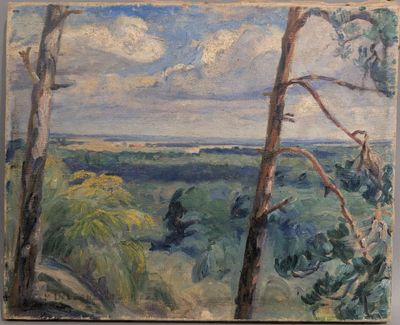 une peinture à l'huile représentant un paysage avec des arbres et un ciel