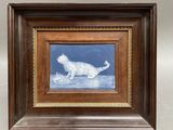 painting of a white cat laying down in a wooden frame