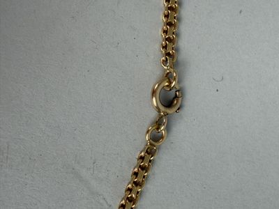 a close up of a gold chain with a coin on it
