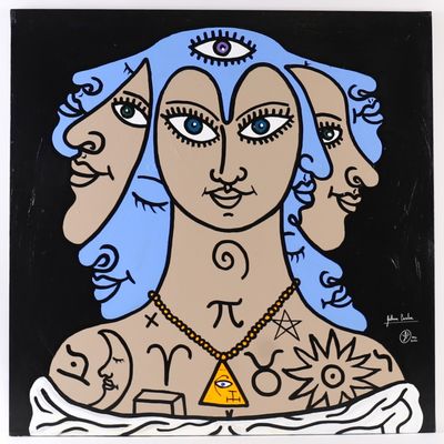 an image of a painting of a woman with blue hair