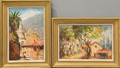 deux tableaux encadrés représentant une scène de village avec un homme et une femme