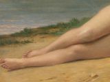 painting of a nude woman laying on a beach with her legs crossed