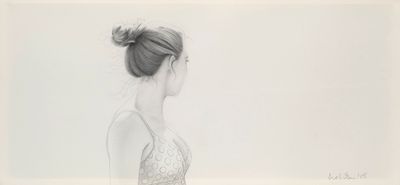 drawing of a woman in a white dress standing in front of a white wall