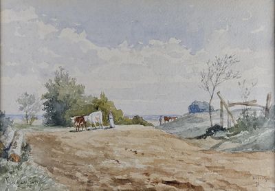 une aquarelle représentant des vaches sur un chemin de terre