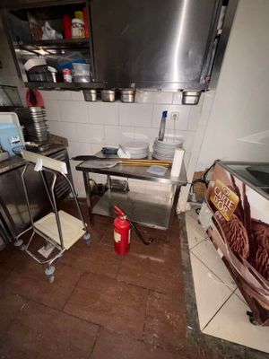 an image of a kitchen with a lot of clutter on the floor