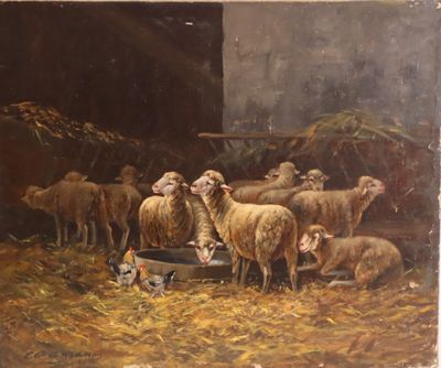 un tableau représentant un troupeau de moutons en train de manger dans une mangeoire