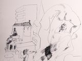 un dessin en noir et blanc représentant un homme assis sur une chaise