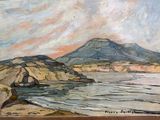 an oil painting of a rocky beach with a mountain in the background
