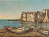 a painting of boats on the beach by the water