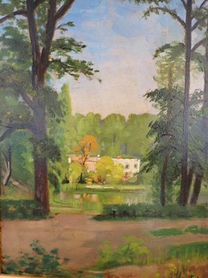peinture d'un paysage avec des arbres et une maison au loin