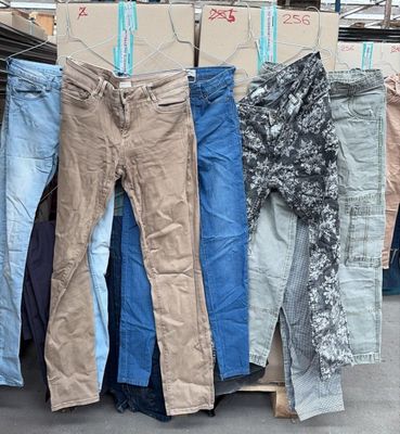 plusieurs paires de jeans suspendues à une corde à linge dans un entrepôt