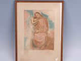 painting of a woman holding a child in her arms on a blue wall